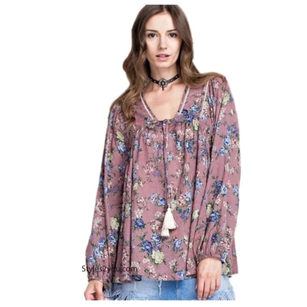 Easel Anthropologie Top S Floral‎ Boho Long Sleeve Tunic Blouse Lightweight